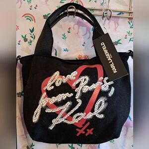 NWT Karl Lagerfeld Love From Paris Black Cotton Casual Crossbody Purse Bag